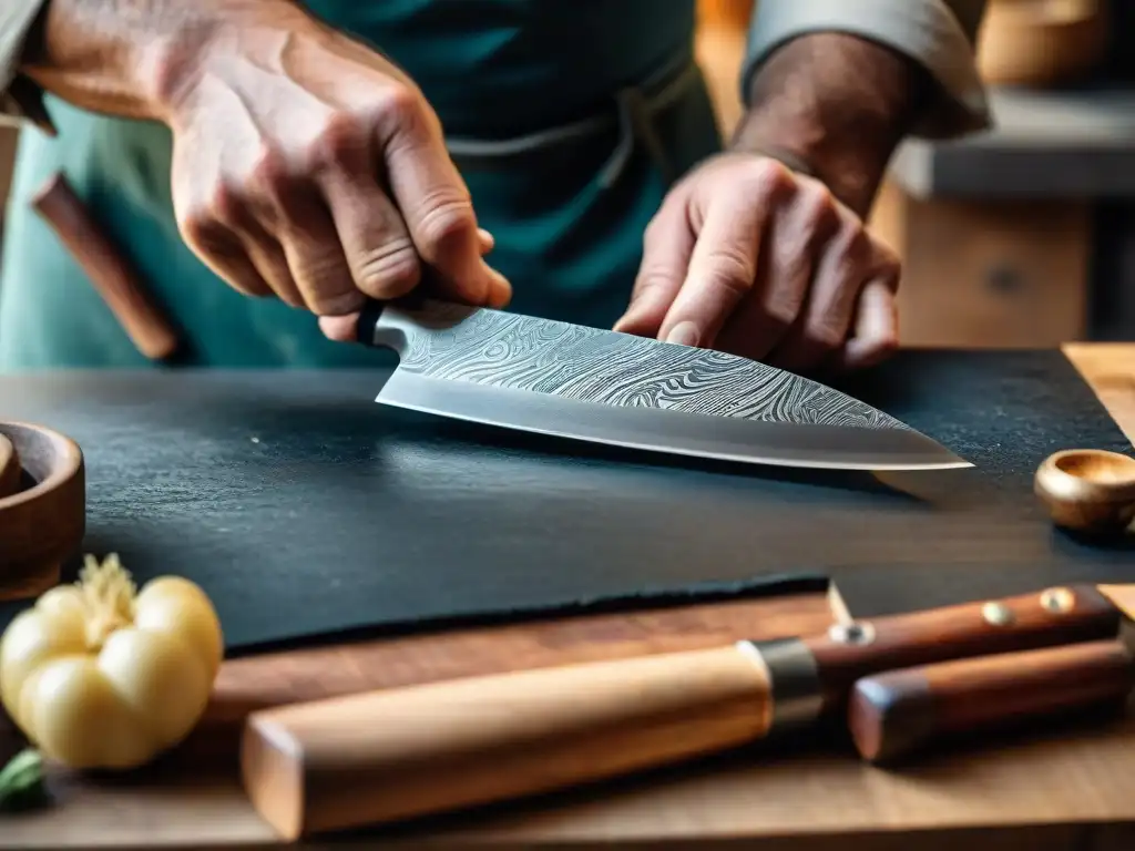 Un artesano italiano experto crea un cuchillo de cocina de acero de Damasco, mostrando habilidad y tradición en su taller rústico