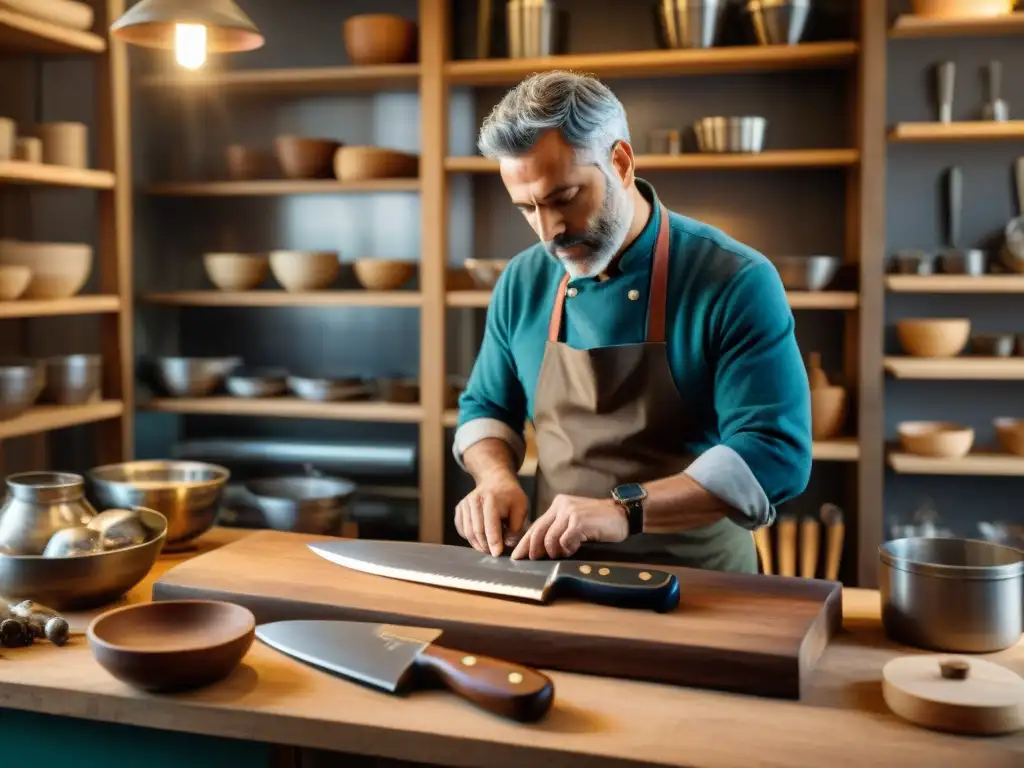 Un artesano italiano experto elabora un cuchillo de chef tradicional en un taller rústico lleno de herramientas y materiales