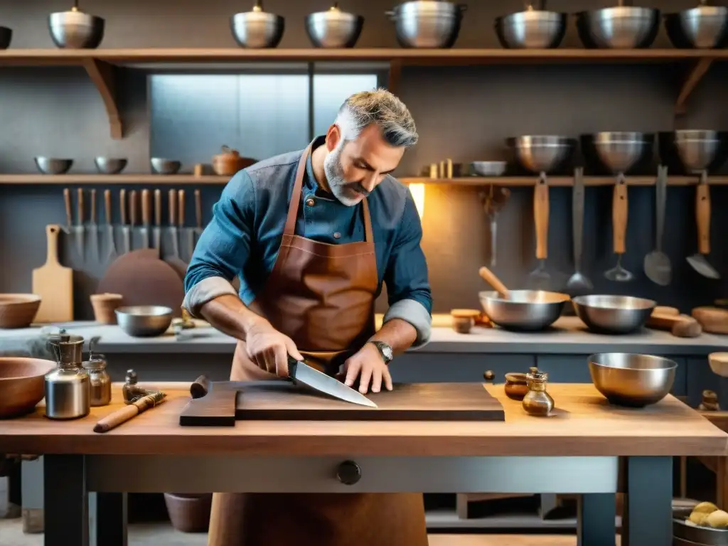 Un artesano italiano experto crea un cuchillo de chef de acero de Damasco en un taller tradicional en la Toscana