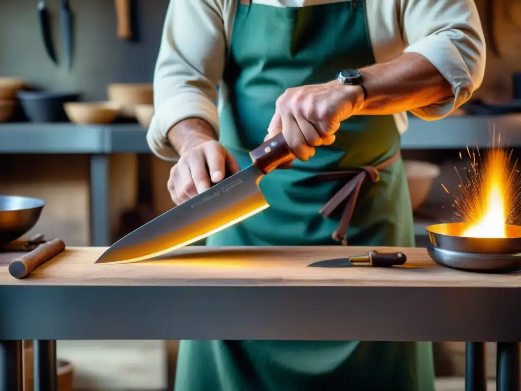 Un artesano italiano experto crea un cuchillo de cocina tradicional con dedicación