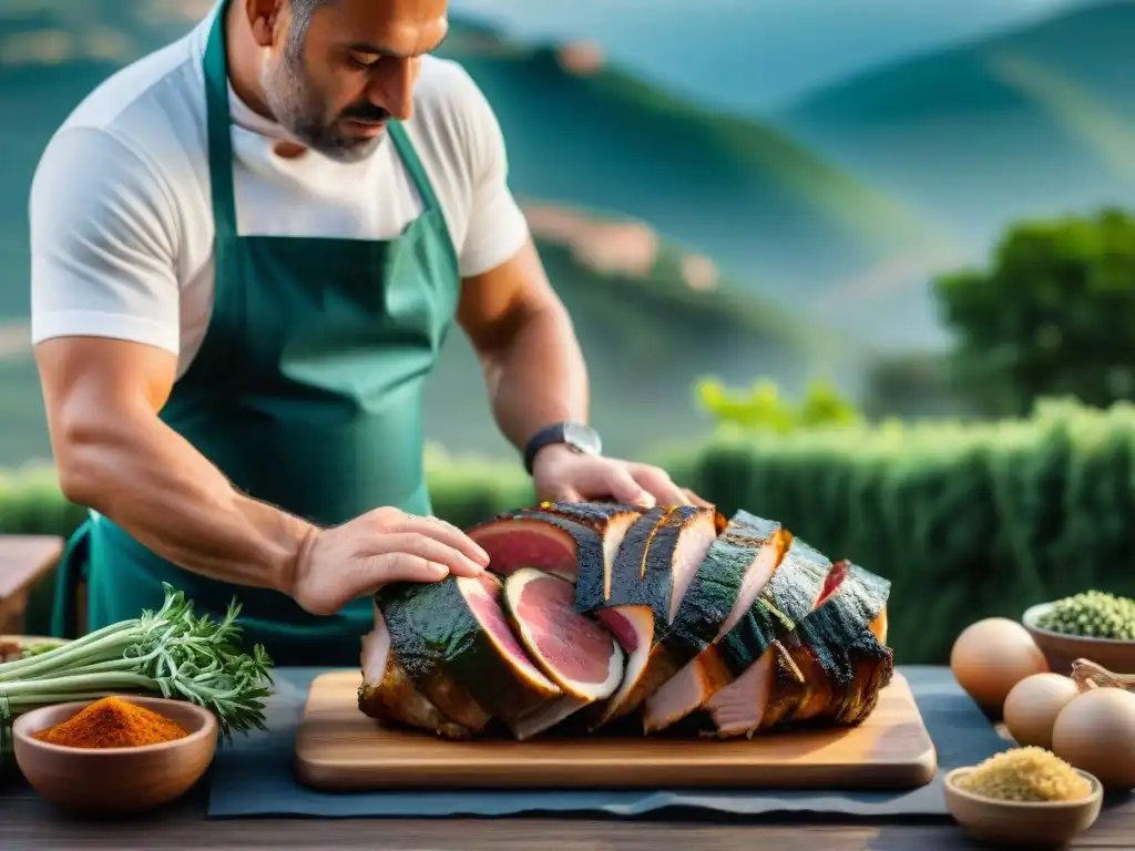 Un artesano italiano experto preparando Porchetta di Ariccia tradición Lazio con cuidado y destreza