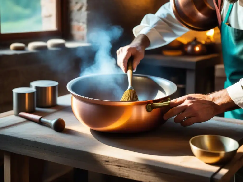 Un artesano italiano experto moldea con destreza una olla de cobre brillante en un taller tradicional en la Toscana