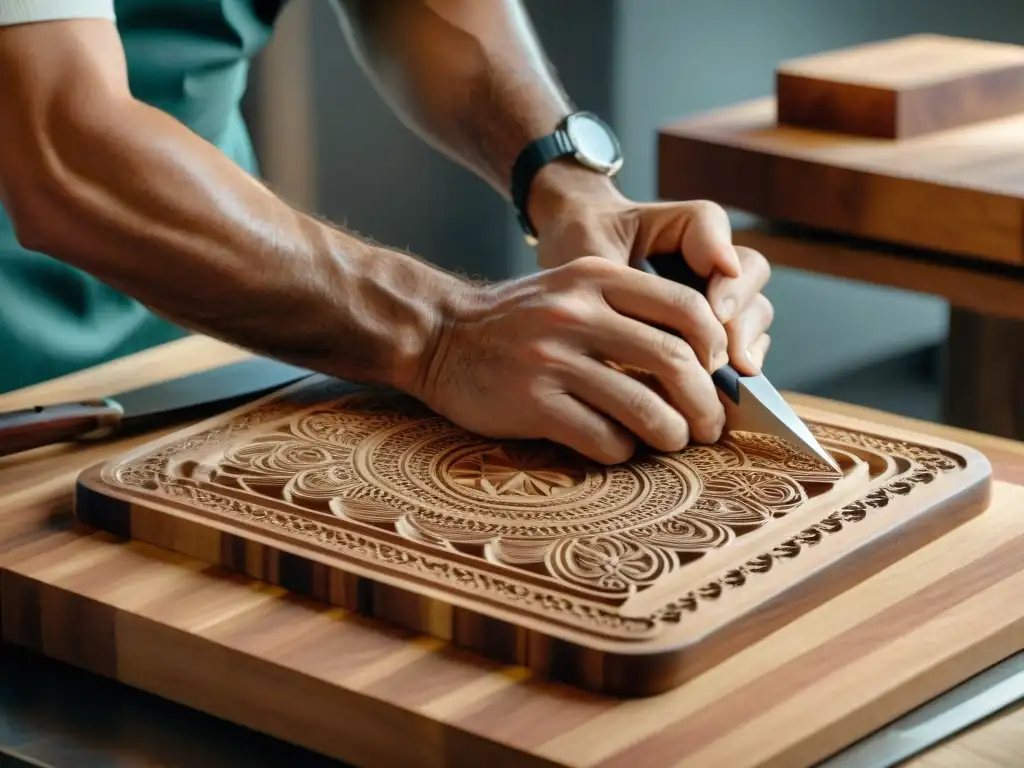 Un artesano italiano experto tallando diseños intrincados en tablas de cortar italianas personalizadas en su taller soleado