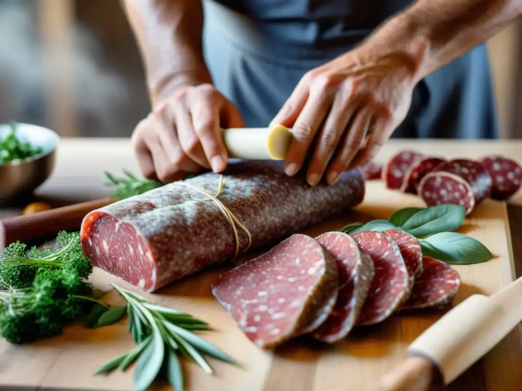 Un artesano italiano experto elaborando embutidos tradicionales, rodeado de hierbas frescas y especias, enriqueciendo la herencia culinaria europea