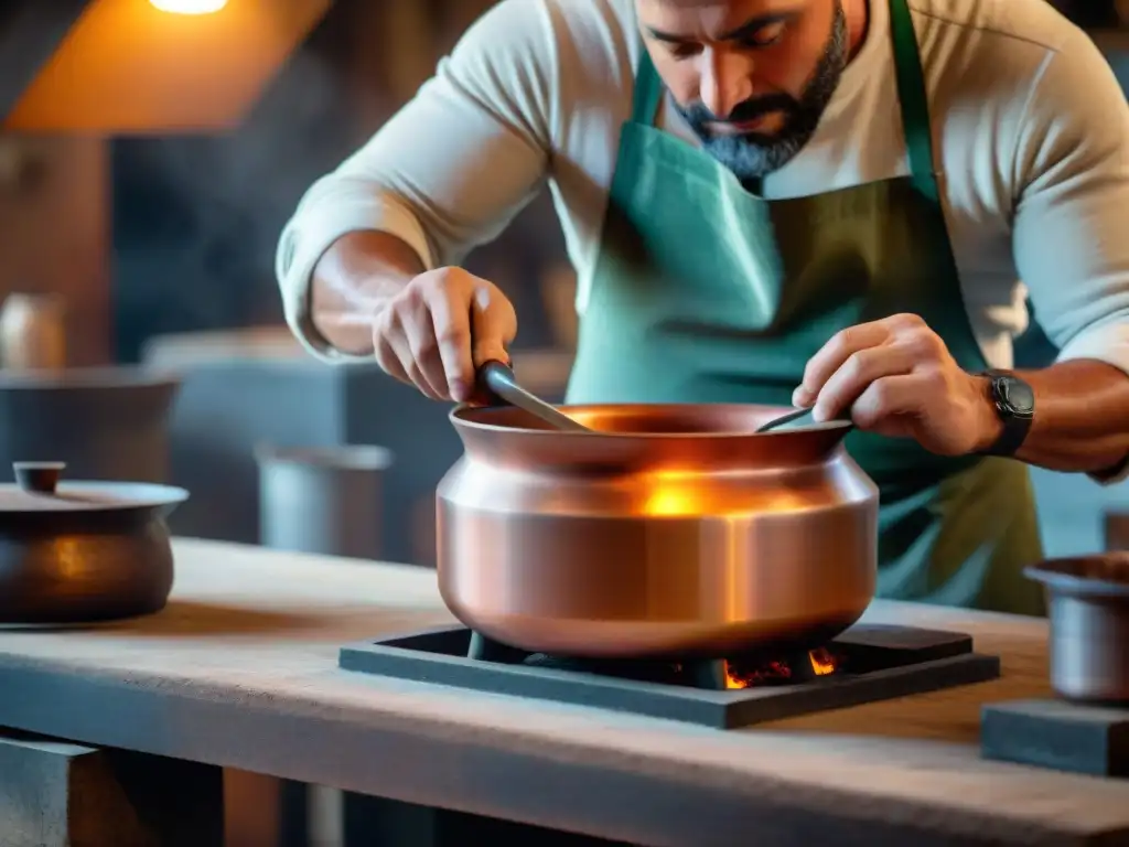 Un artesano italiano experto en forja moldea a mano una olla de cobre en un taller rústico