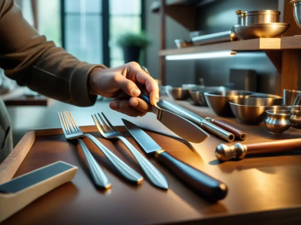 Un artesano italiano experto crea una lujosa cubertería de plata en un taller tradicional