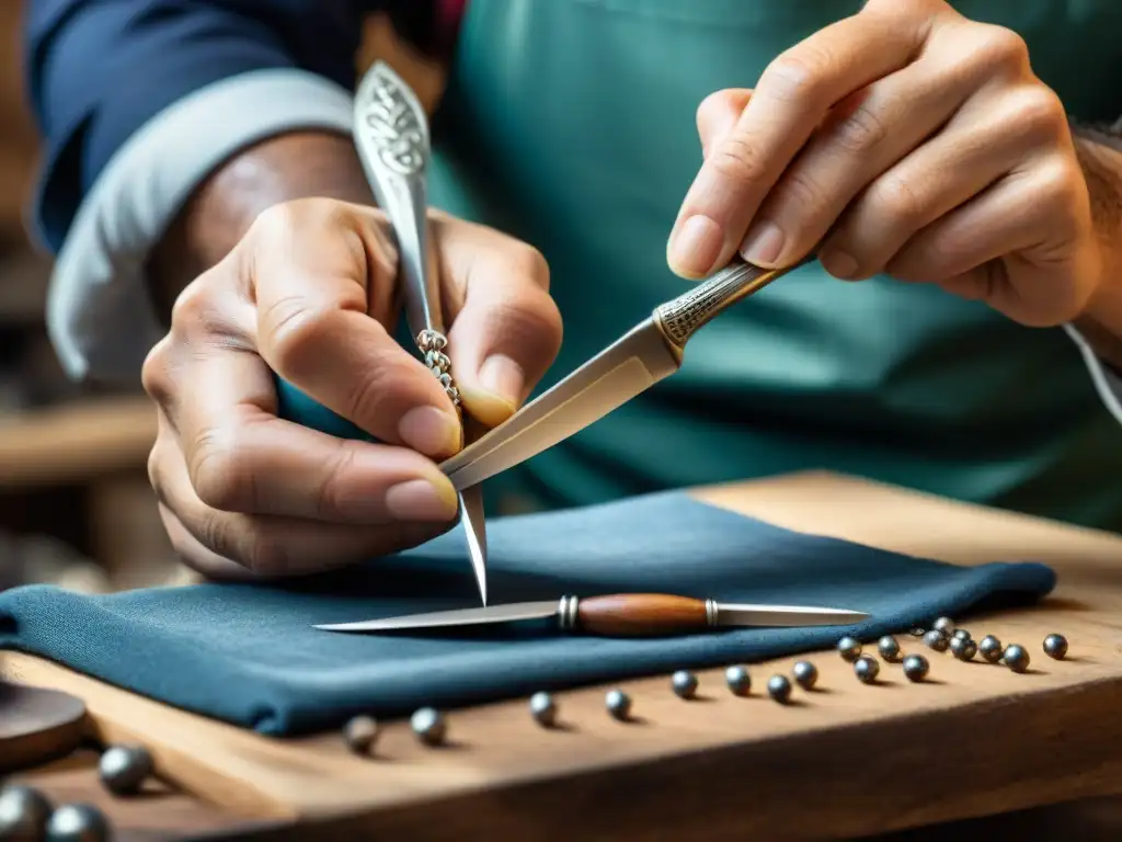 Un artesano italiano experto moldea a mano una horquilla de plata, destacando la precisión y dedicación en la creación de cuberterías italianas de diseñador