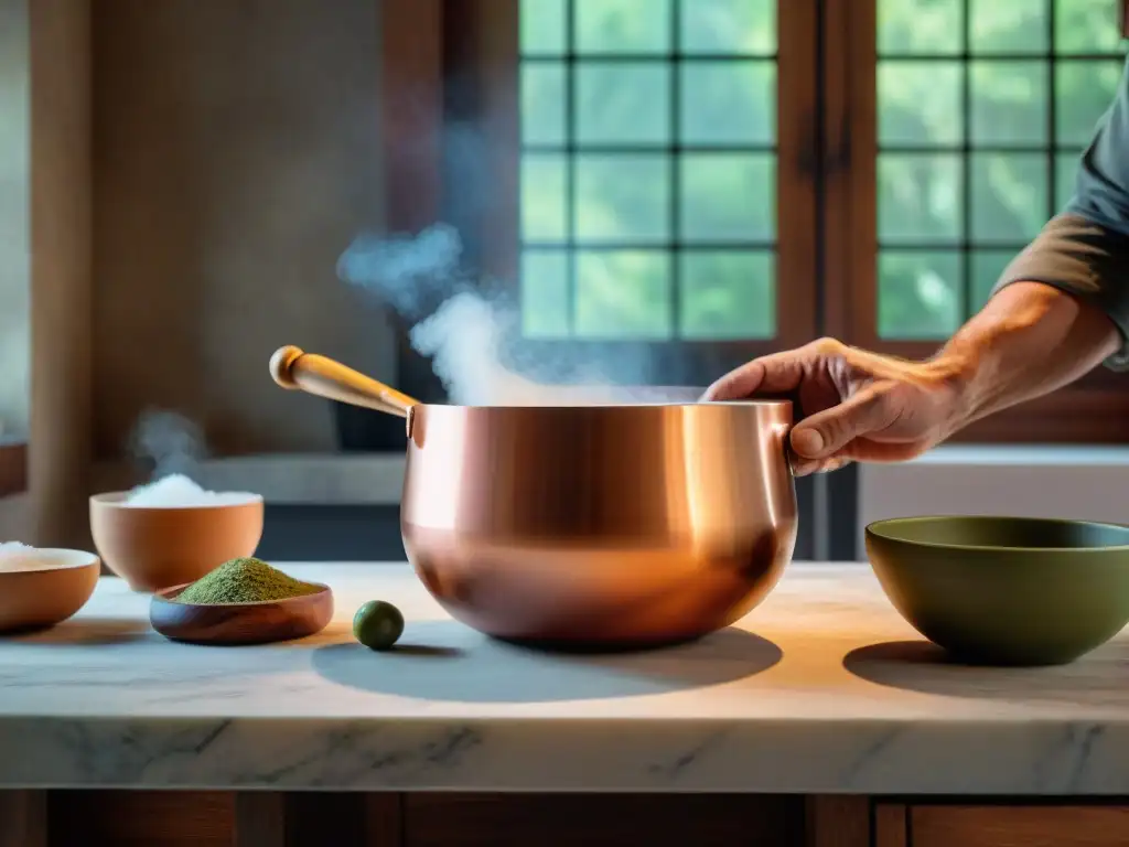 Artesano italiano experto moldea una olla de cobre rodeado de utensilios cocina italiana alta gama en cocina toscana rústica