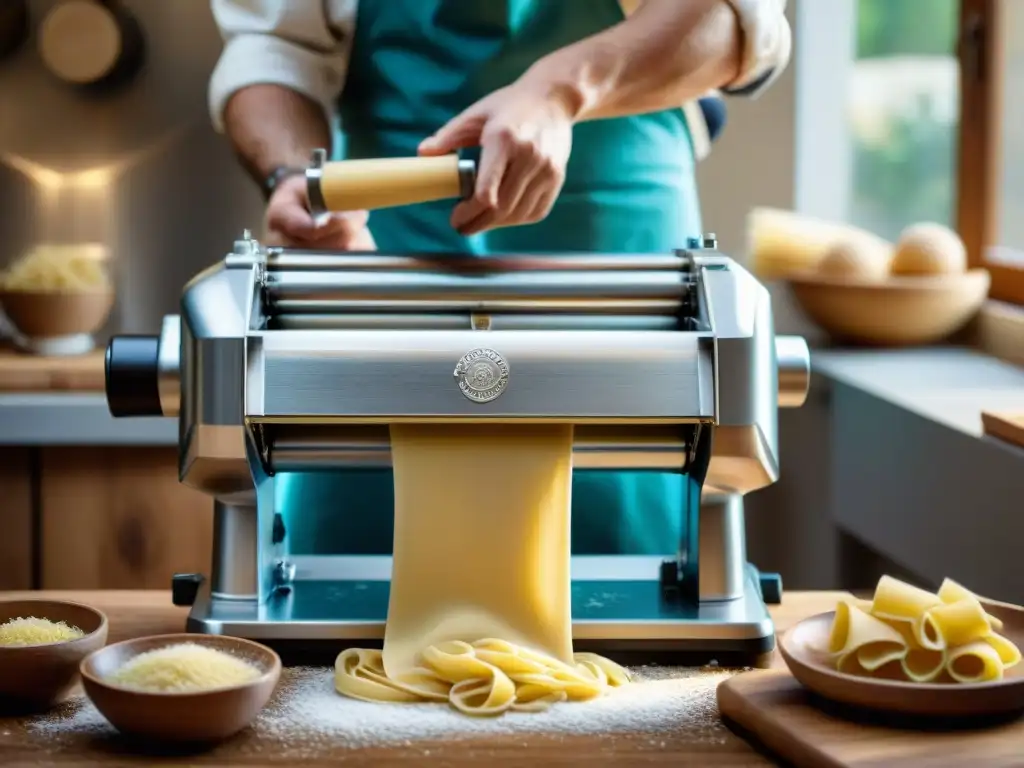 Un artesano italiano experto en prensas de pasta, trabajando con precisión en una cocina tradicional