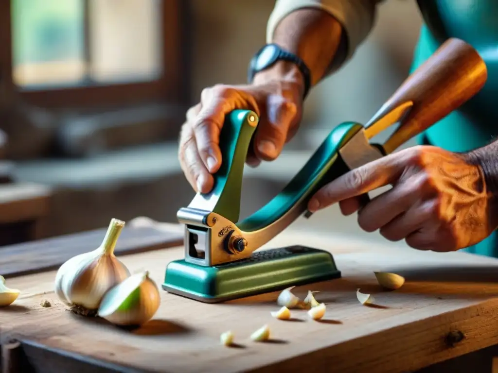 Un artesano italiano experto elaborando prensas de ajo italianas personalizadas en un taller rústico