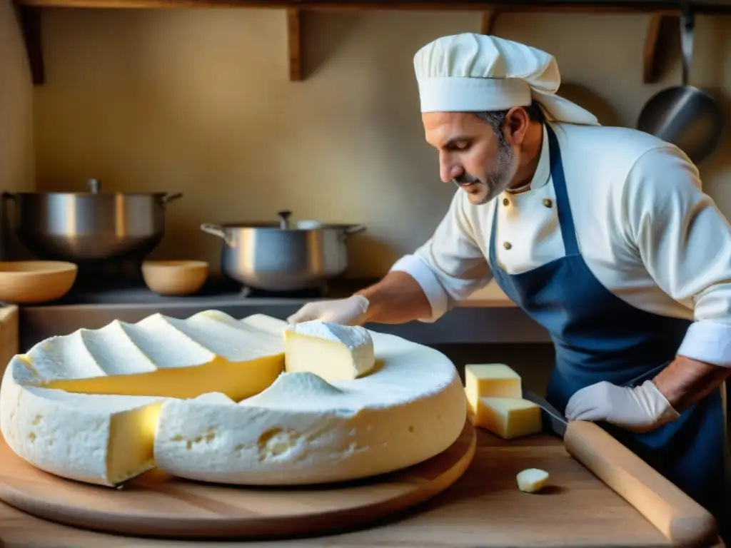 Un artesano italiano experto elabora Ricotta queso italiano versátil en cocina rústica iluminada por el sol