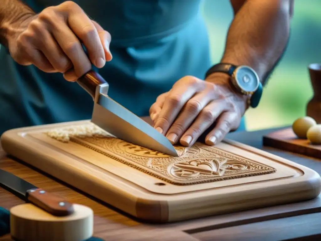 Un artesano italiano experto tallando una tabla de cortar de madera personalizada, mostrando detalle y dedicación