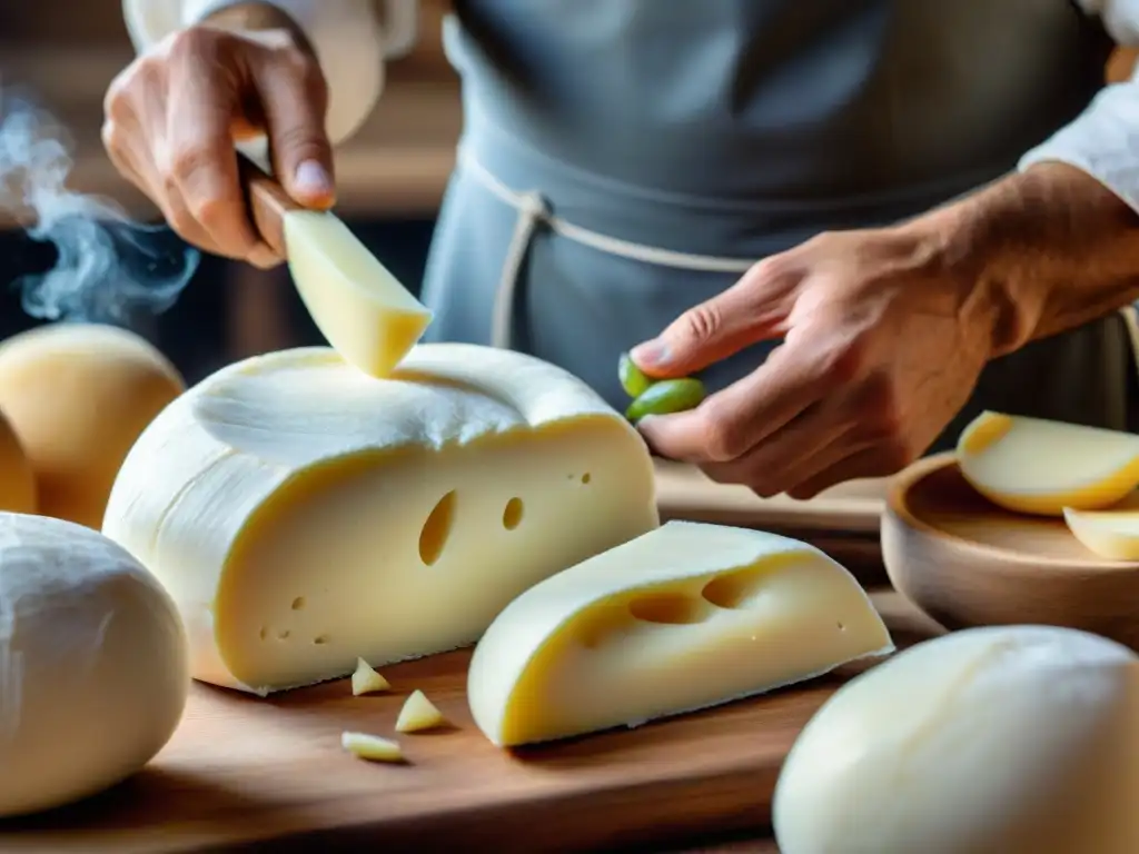 Artesano italiano dando forma a scamorza ahumado, con humo de fondo