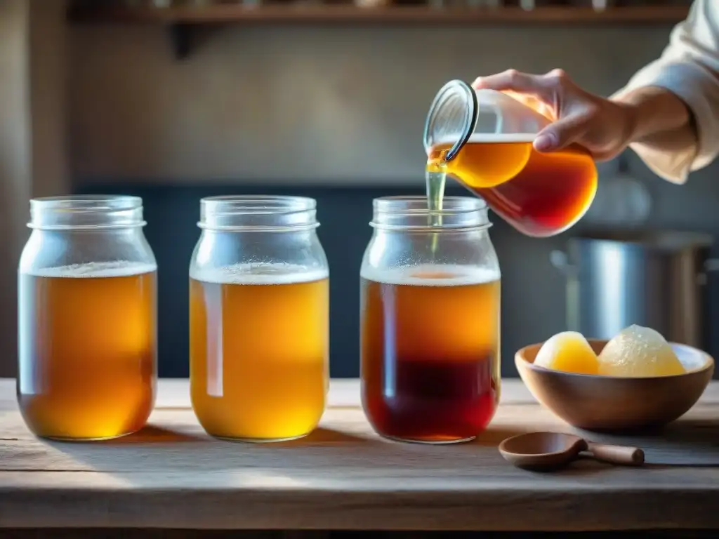 Artesano italiano vierte té en frascos con cultivos SCOBY en cocina rústica toscana, destacando proceso de bebidas fermentadas tradicionales Italia