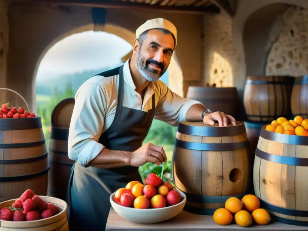 Un artesano italiano selecciona frutas para vinagres gourmet en un entorno rústico