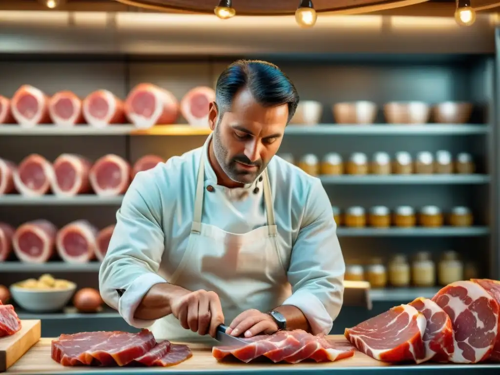 Artesano italiano cortando Jamón de Parma DOP, resaltando origen y características del producto