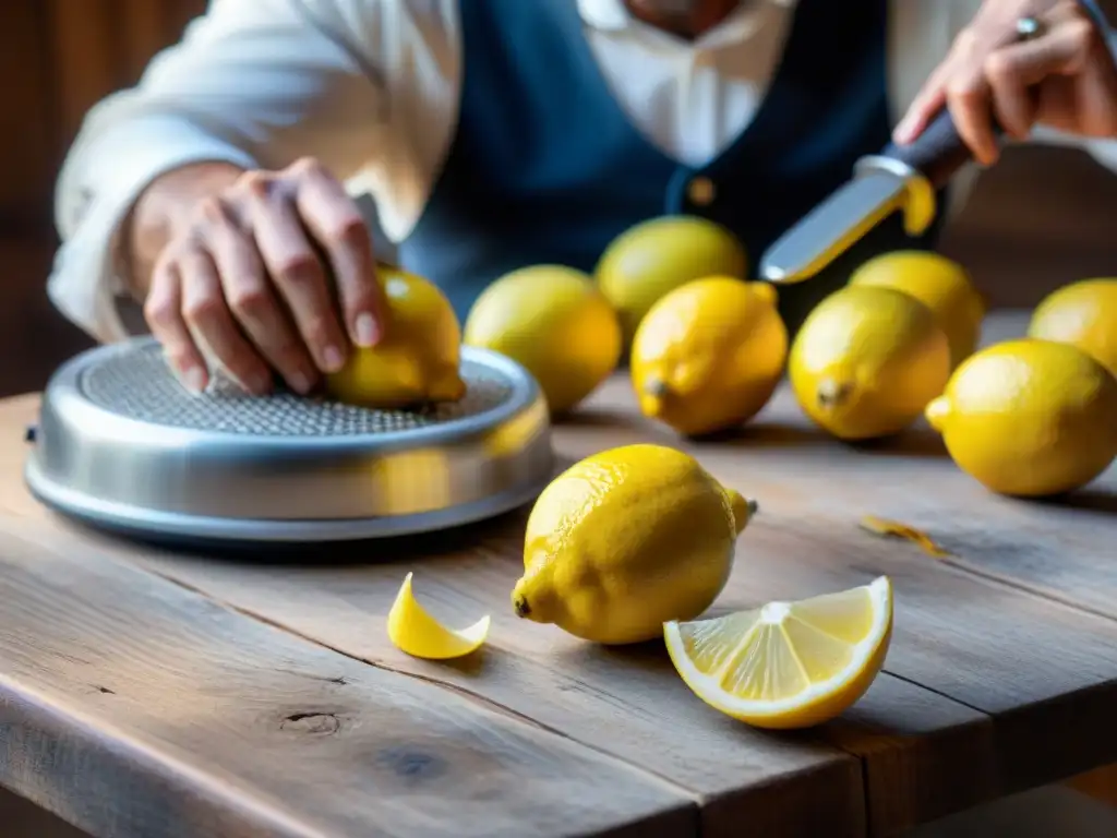 Artesano italiano elaborando limoncello con cuidado, manos arrugadas zesteando limones amarillos con destellos de luz solar en la mesa rústica