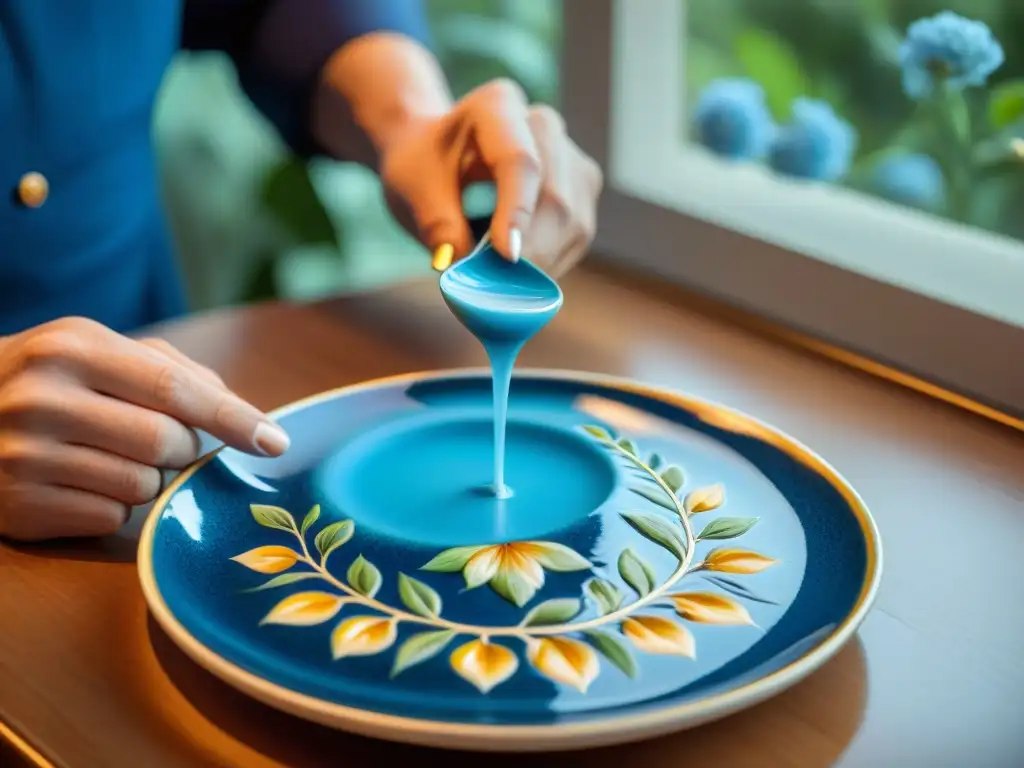 Un artesano italiano crea con maestría vajillas y cuberterías exclusivas, pintando delicados diseños en un plato de porcelana