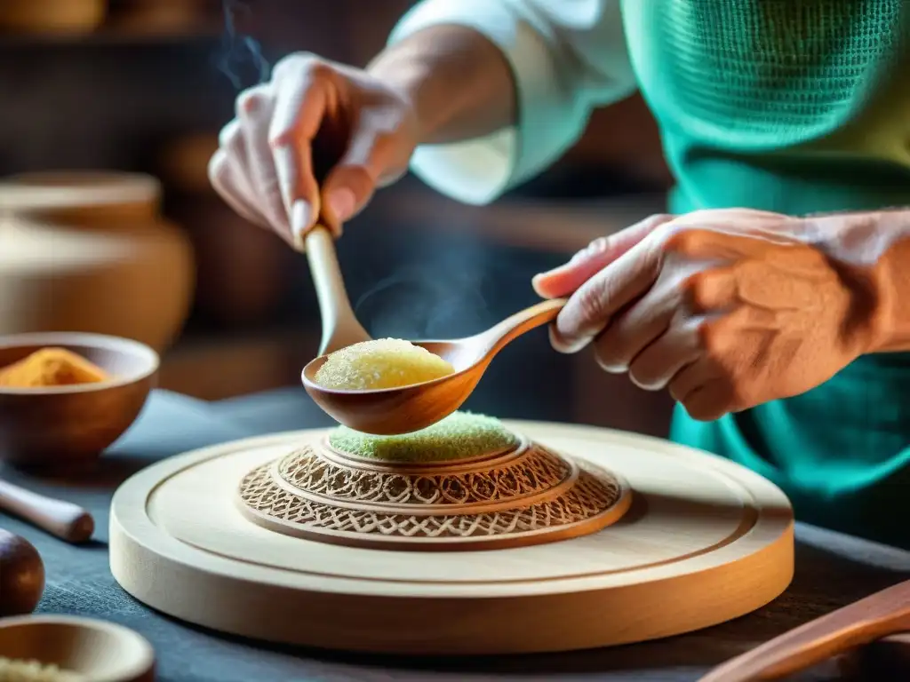 Un artesano italiano tallando a mano una cuchara de madera, destacando la artesanía de los utensilios de cocina italiana personalizados