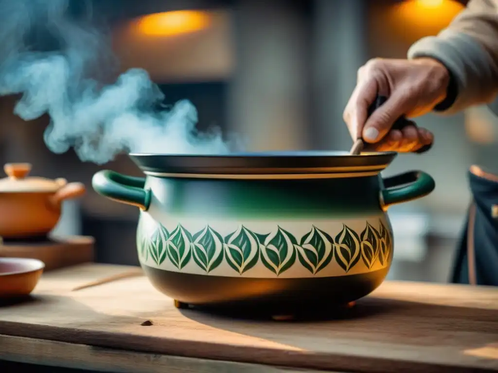 Un artesano italiano pintando a mano diseños tradicionales en una olla italiana personalizada de calidad