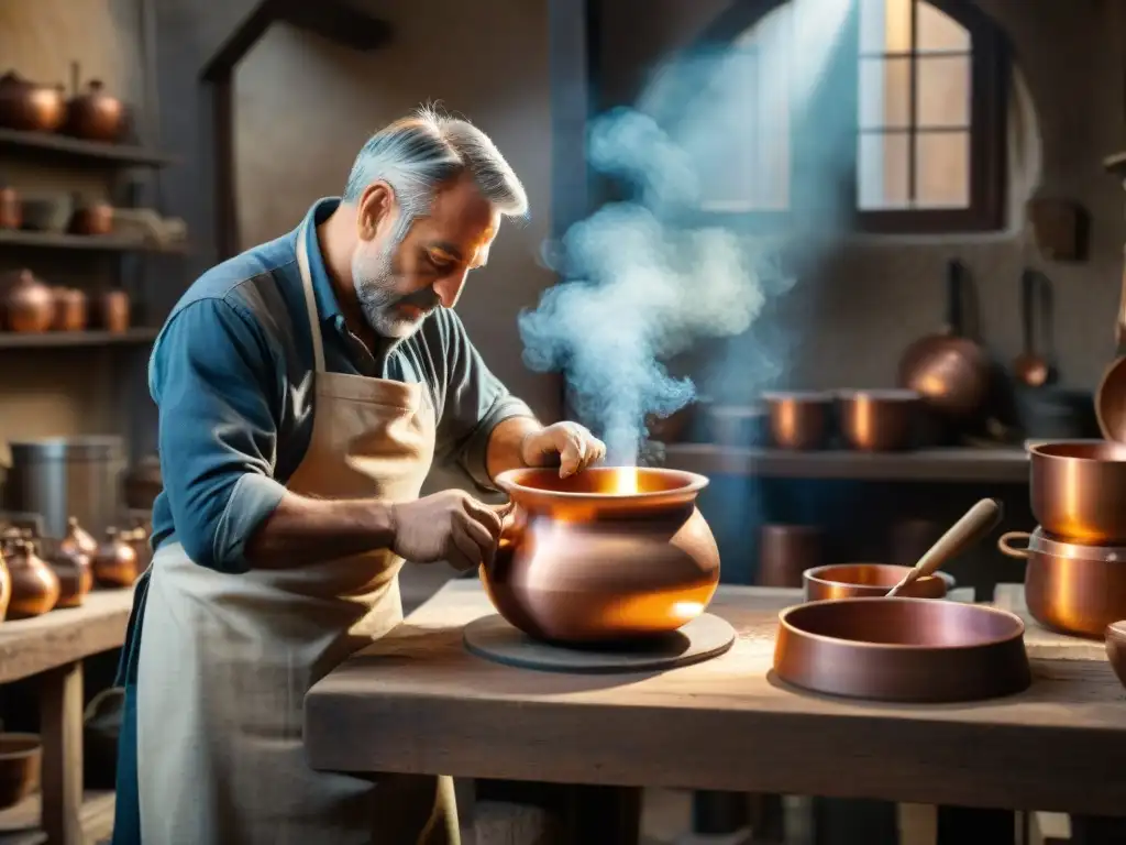 Un artesano italiano hábil moldea a mano una olla premium de cobre en un taller tradicional en la Toscana, con utensilios de cocina italiana premium