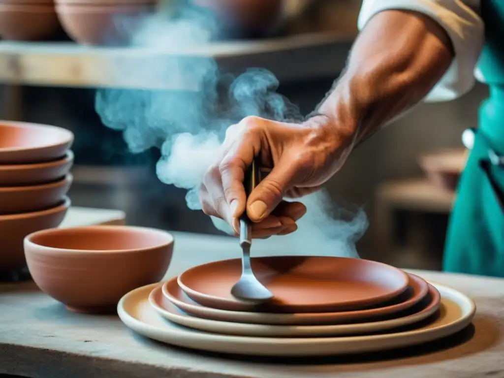 Un artesano italiano hábil moldea a mano vajillas y cuberterías italianas exclusivas, en un taller tradicional lleno de encanto y autenticidad