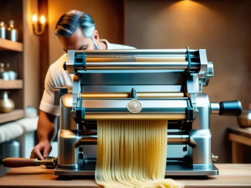 Un artesano italiano hábil fabricando una máquina de pasta de acero inoxidable premium, rodeado de utensilios de cocina italianos recomendados