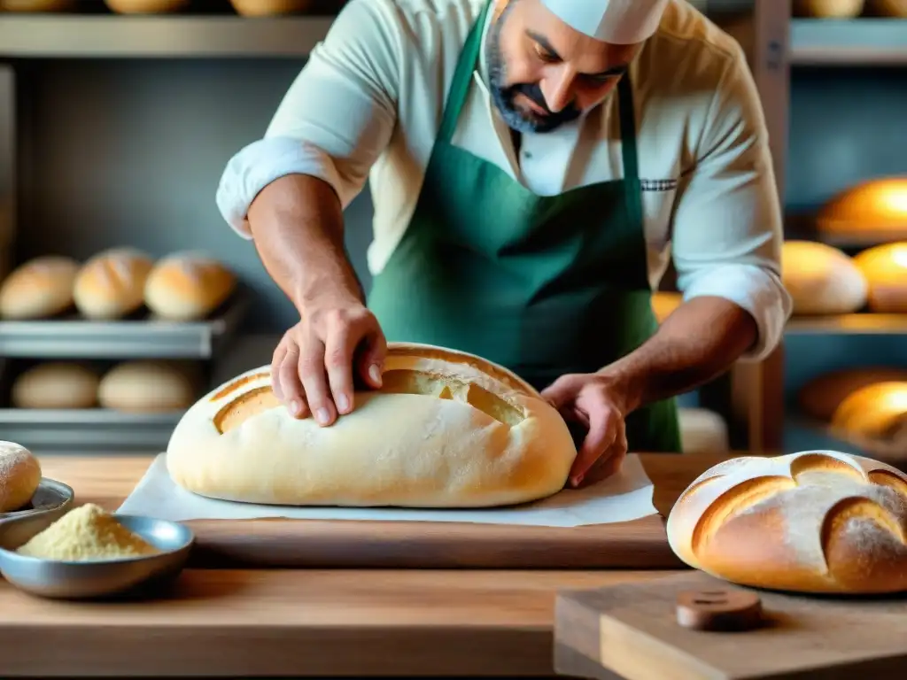 Un artesano italiano moldea con maestría la masa para pan, mostrando el significado cultural del pan en Italia