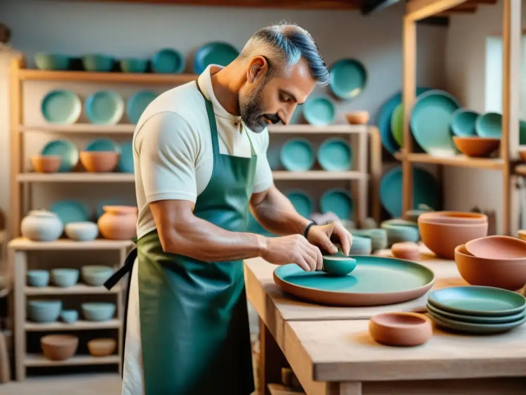 Un artesano italiano meticuloso pinta patrones en platos italianos de diseñador en un taller tradicional, rodeado de obras maestras en diferentes etapas de producción