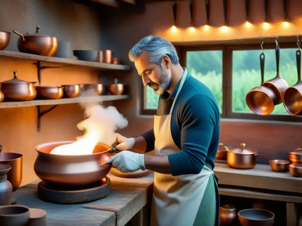 Artesano italiano crea olla de cobre en taller toscano Un artesano italiano hábil moldea una olla de cobre rodeado de utensilios de cocina italianos innovadores en un taller toscano