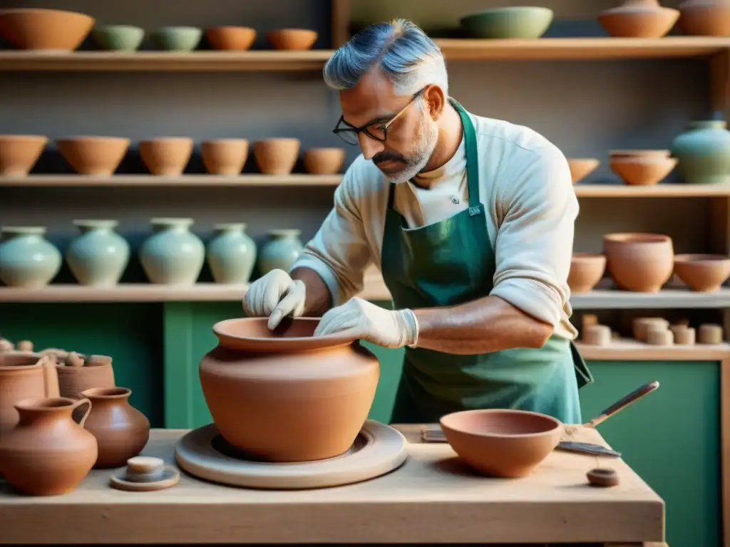 Un artesano italiano hábil moldea una olla italiana personalizada de calidad en un taller tradicional