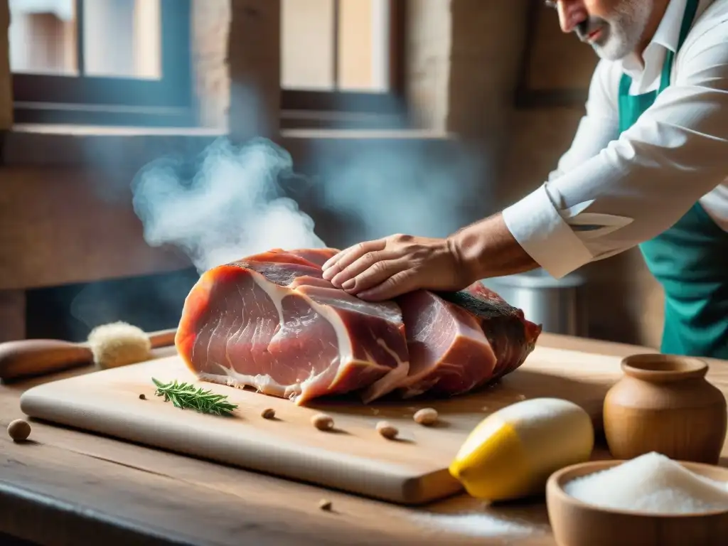 Un artesano italiano preparando Prosciutto di Parma con cuidado y tradición