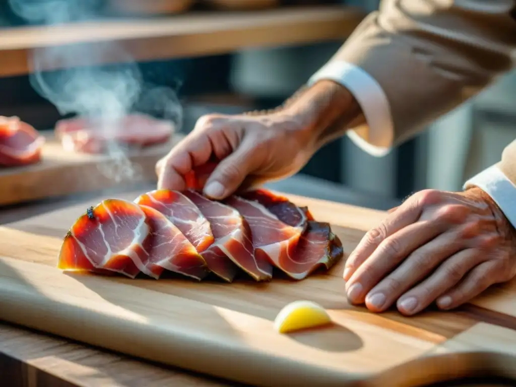 Artesano italiano cortando Prosciutto di Parma en tabla de madera, destacando capas de grasa y carne, cocina tradicional Embutidos IGP Italia