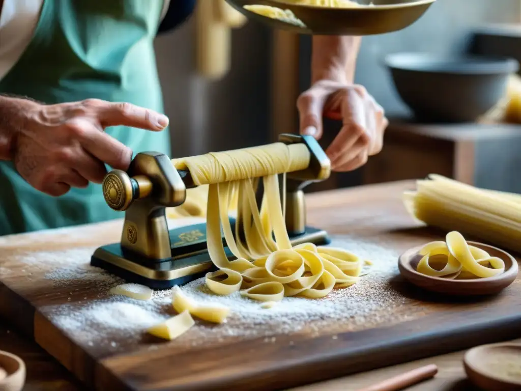 Artesano italiano creando pasta con prensa de pasta, destreza y tradición