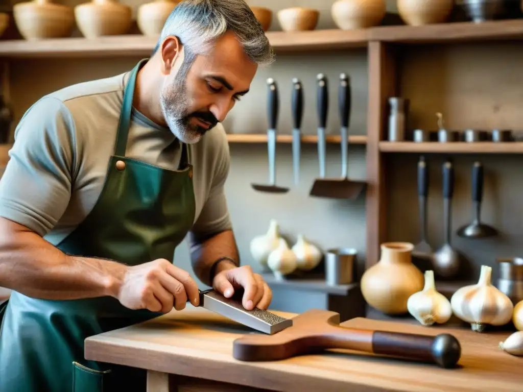 Un artesano italiano hábil elaborando prensas de ajo italianas personalizadas en un taller tradicional en la Toscana