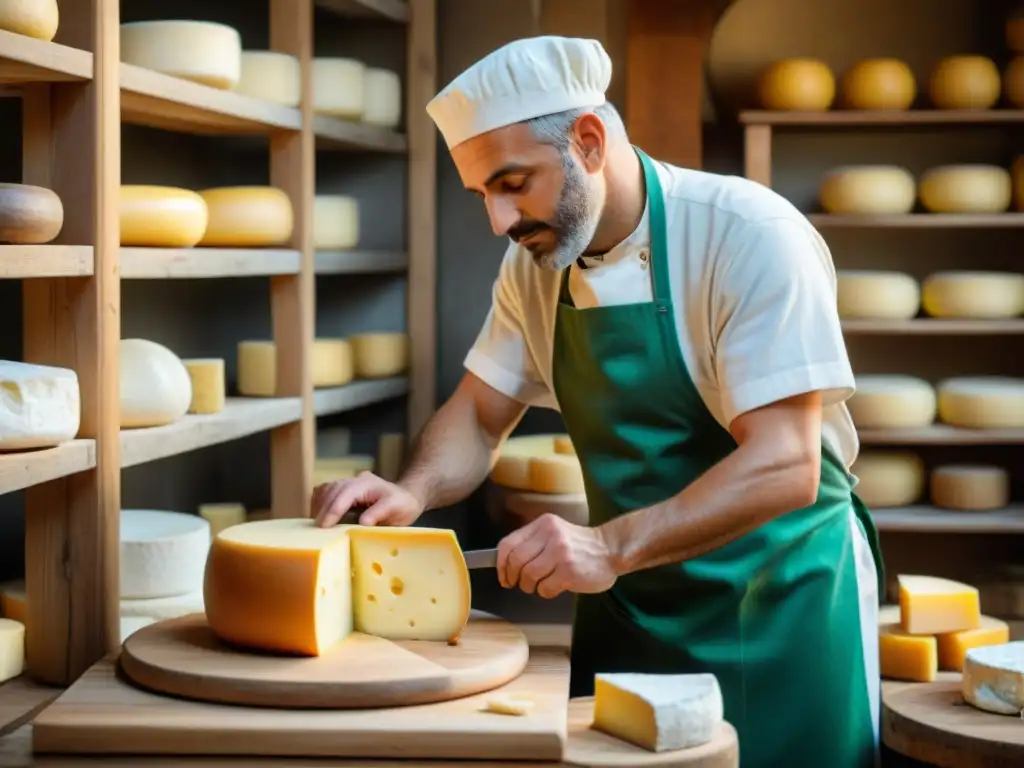 Un artesano italiano elaborando queso en un entorno rural pintoresco