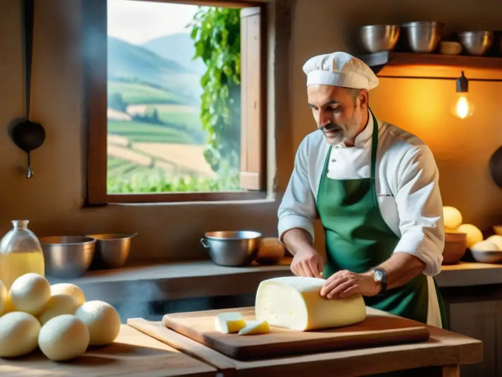 Artesano italiano elaborando queso mozzarella fresco a mano en cocina rústica