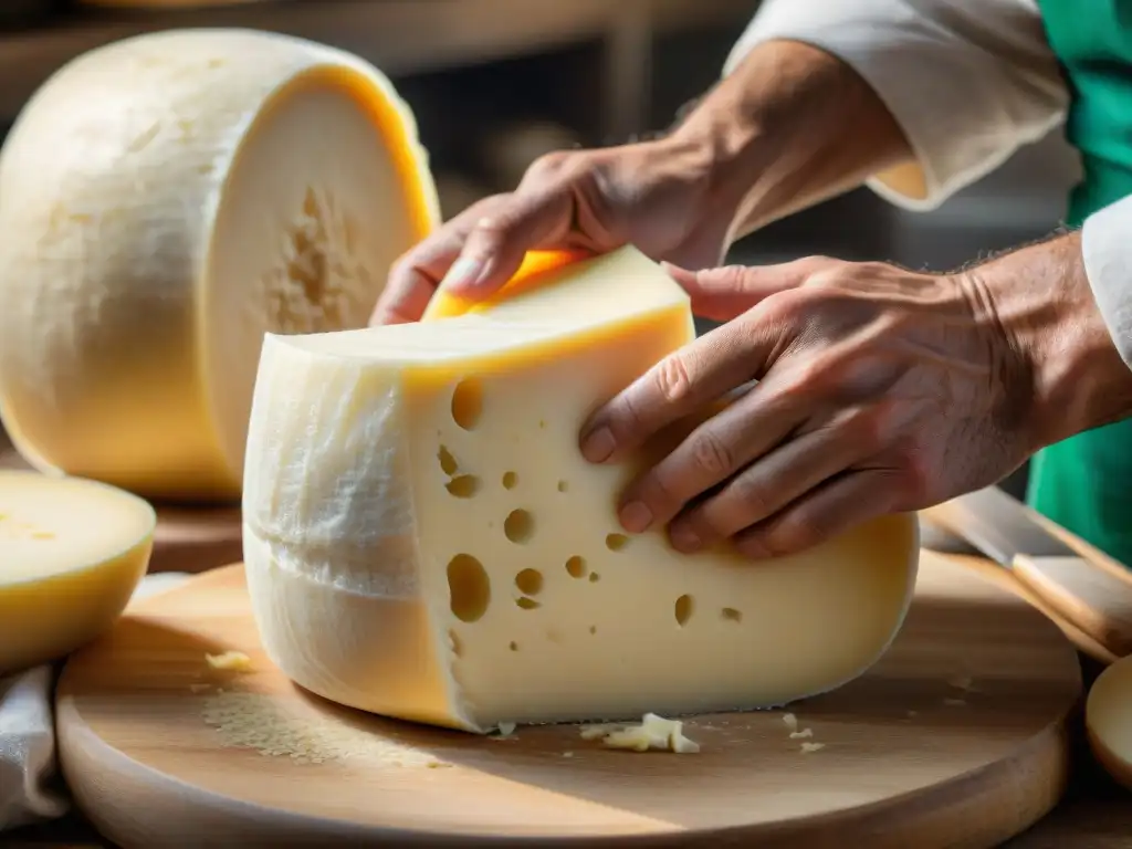 Artesano italiano moldea queso Parmigiano Reggiano