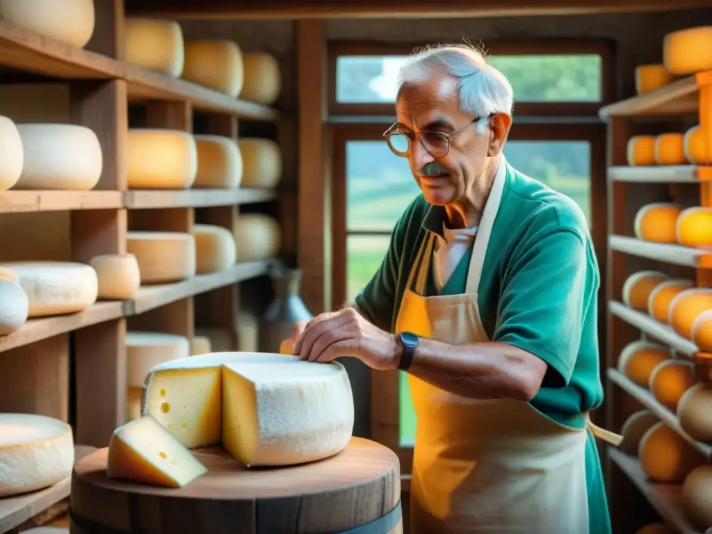 Artesano italiano elaborando queso Parmigiano Reggiano en granja rural