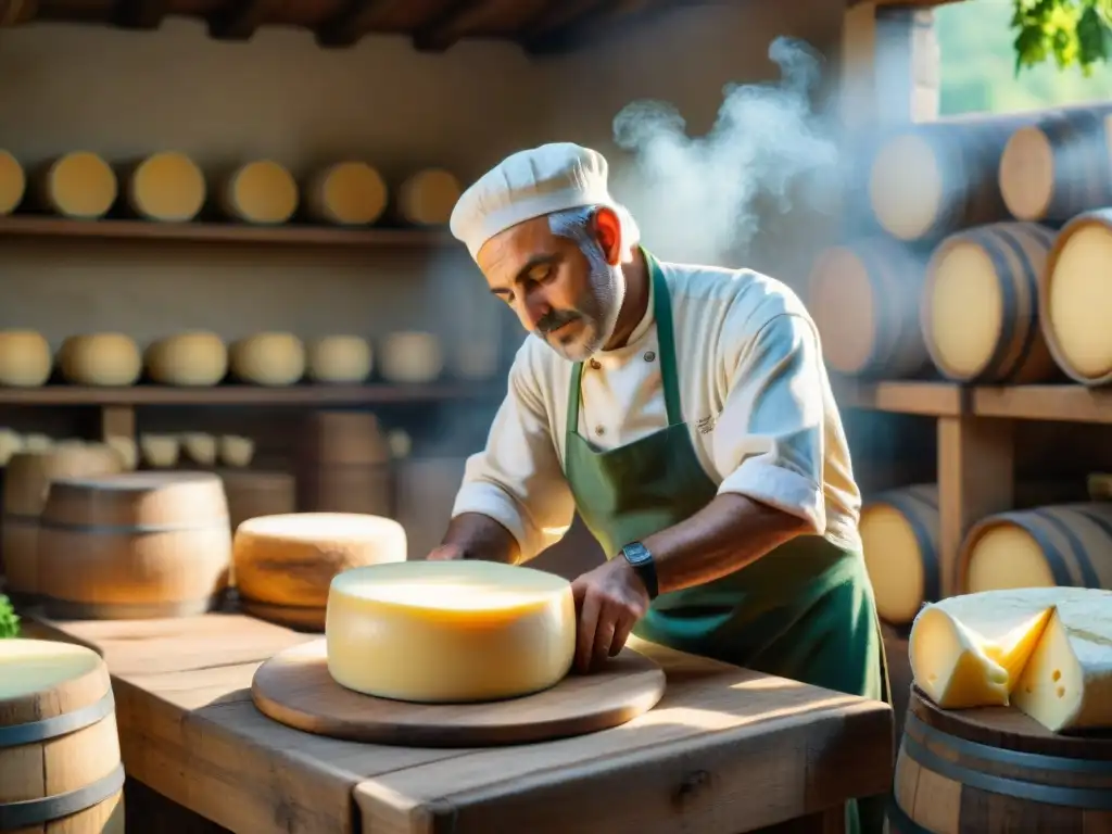 Un artesano italiano elabora queso Parmigiano Reggiano en un entorno campestre pintoresco