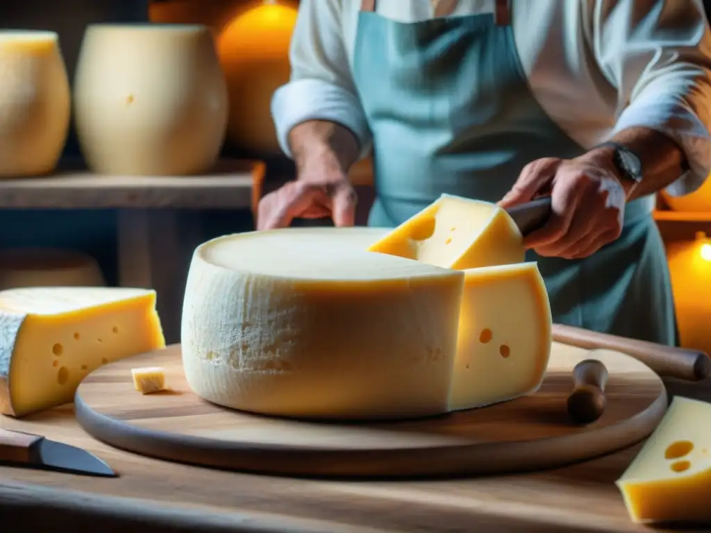 Un artesano italiano elaborando queso Parmigiano Reggiano en bodega