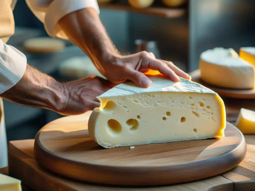 Artesano italiano elaborando queso Stracchino con tradición y destreza en cocina italiana