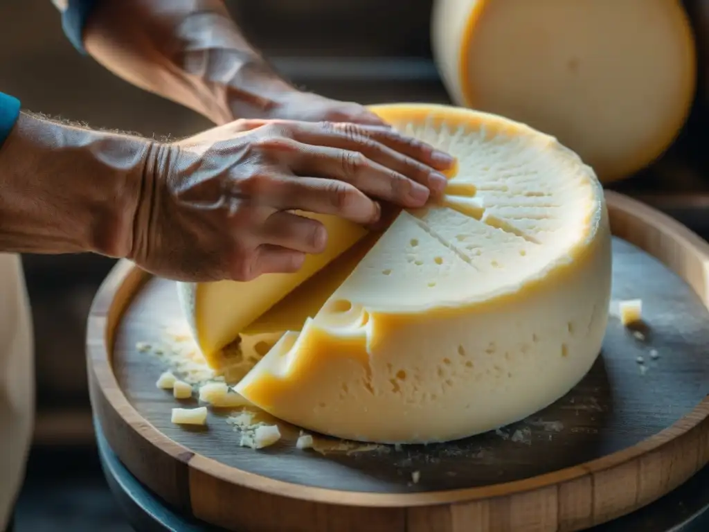 Un artesano italiano crea con maestría una rueda de queso Parmigiano Reggiano, resaltando la textura y marcas de envejecimiento