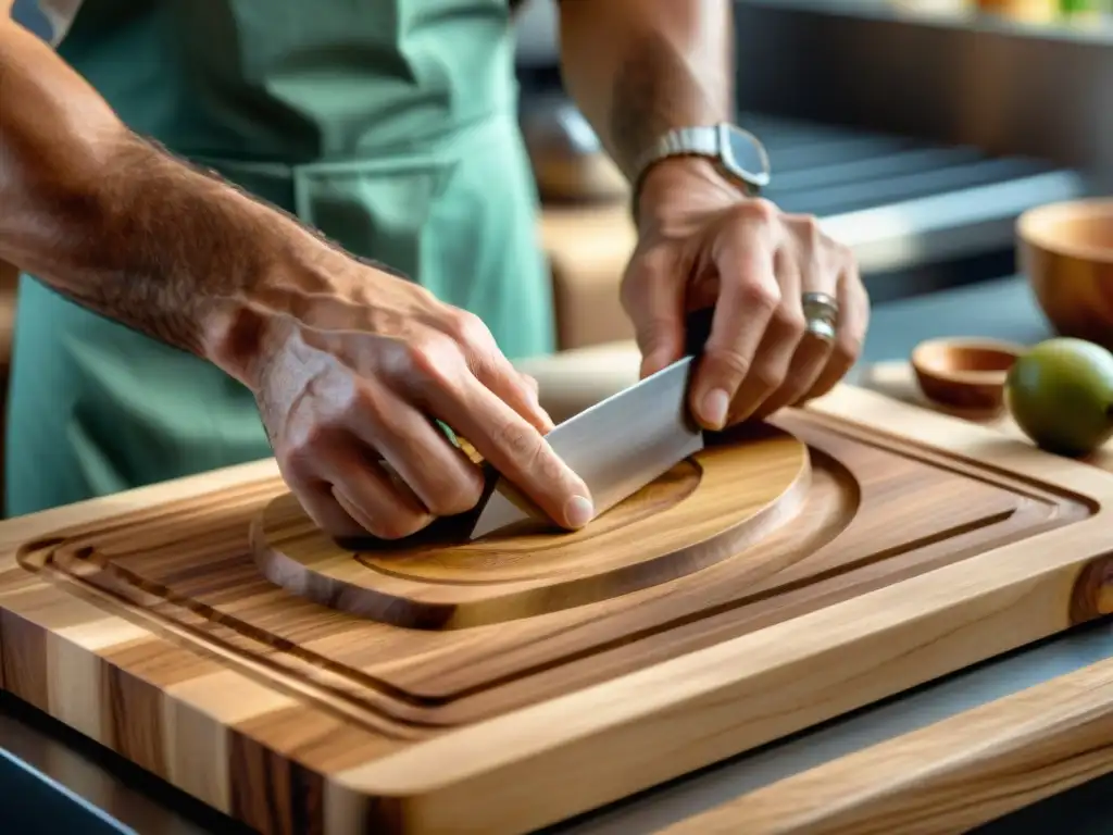 Un artesano italiano talla una tabla de cortar de olivo, mostrando la artesanía detrás de estas tablas de cortar italianas personalizadas