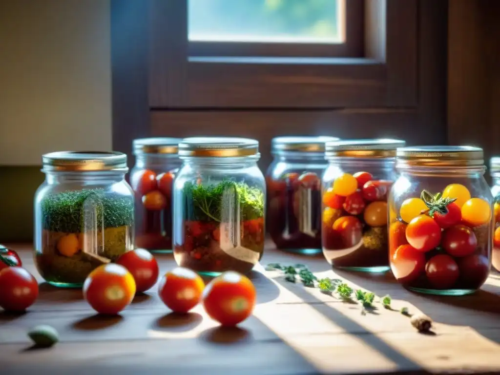 Un artesano italiano coloca tomates en frascos rodeado de hierbas y especias, capturando la esencia de las conservas italianas tradicionales gourmet