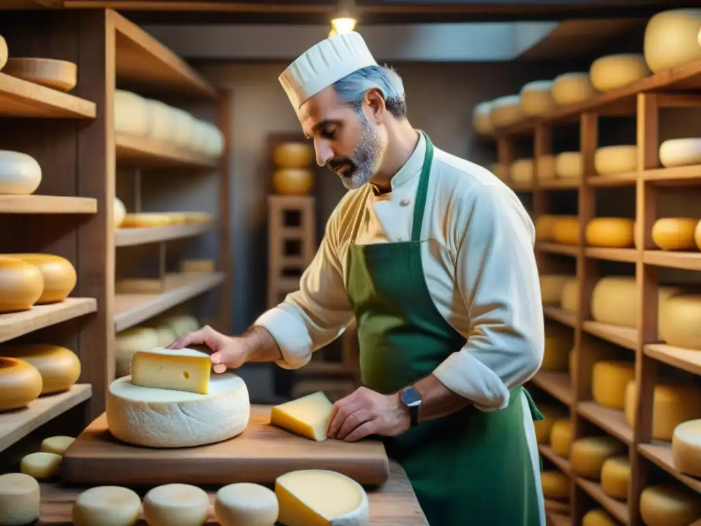 Artesano italiano elaborando Provolone Valpadana en taller rústico