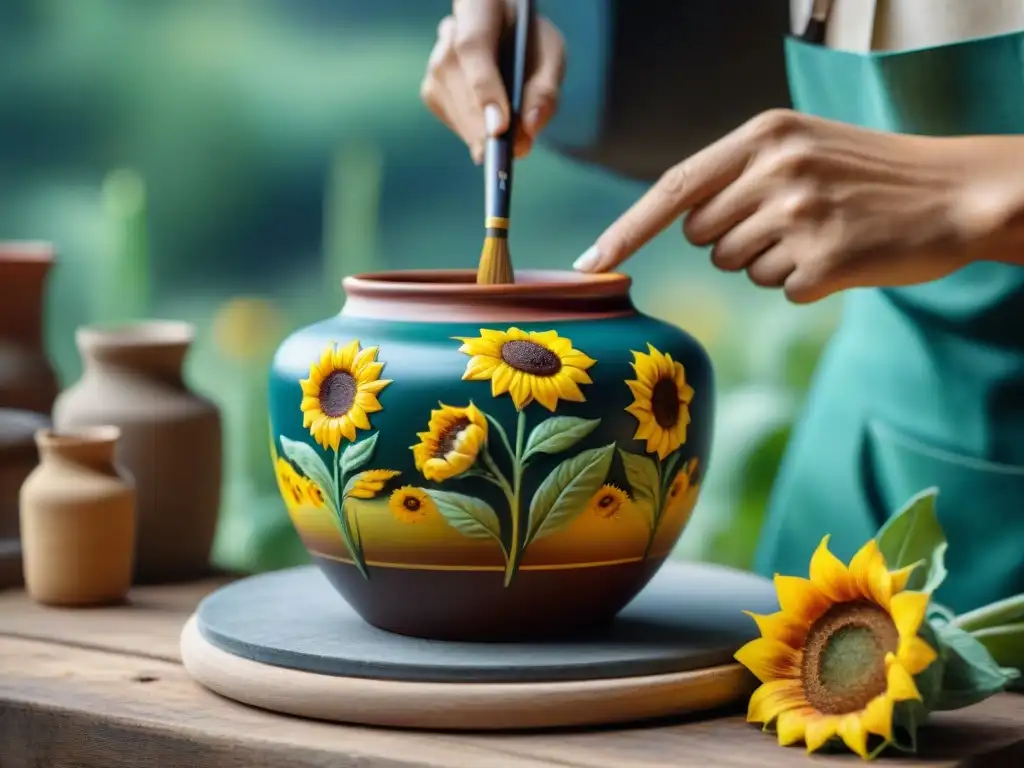 Un artesano pintando a mano ollas italianas personalizadas de calidad con girasoles toscanos, en un estudio rústico