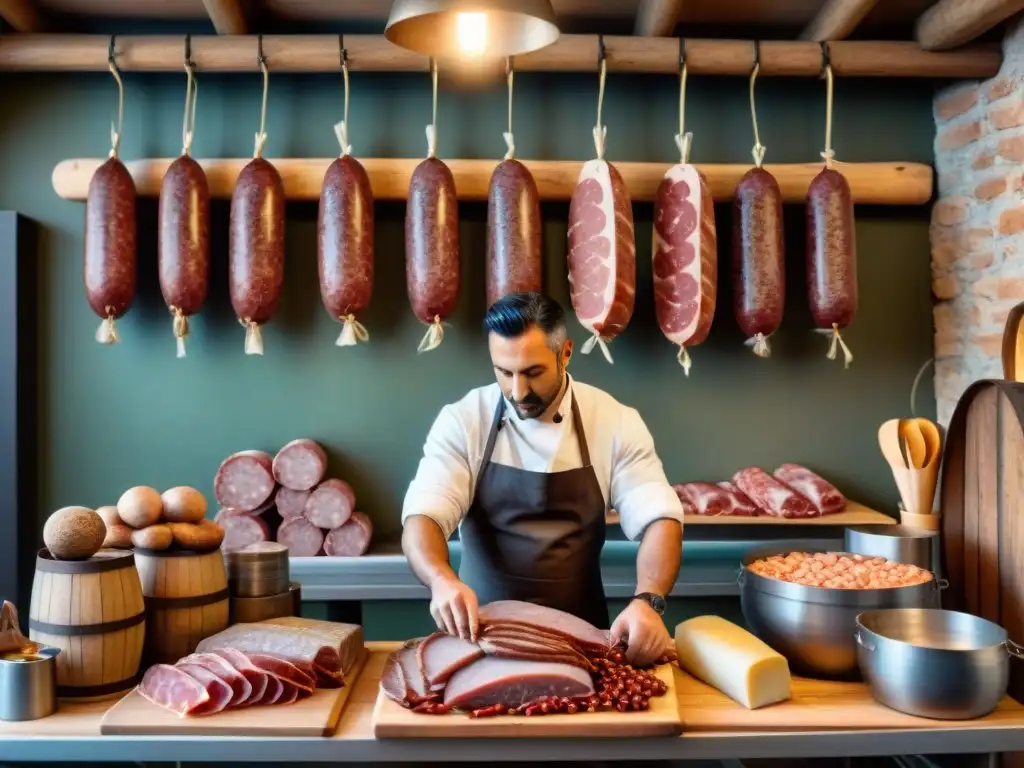 Un artesano meticuloso elaborando embutidos italianos tradicionales en un taller rústico