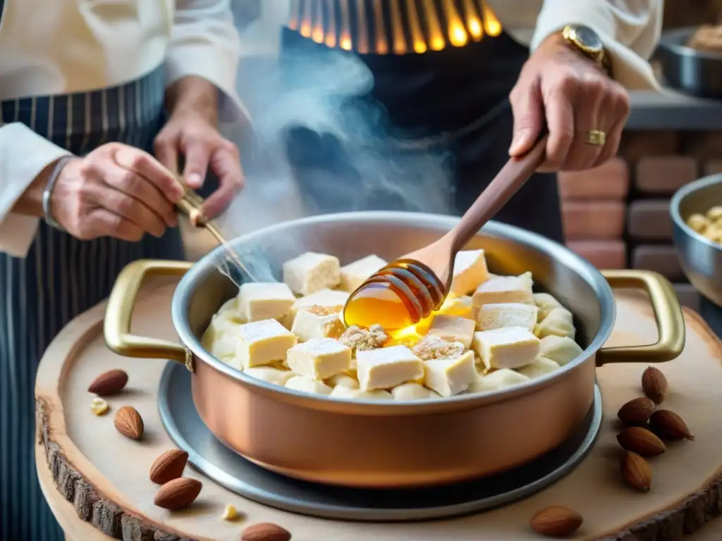 Artesano preparando Torrone, mezclando miel, azúcar y nueces en olla de cobre sobre llama abierta