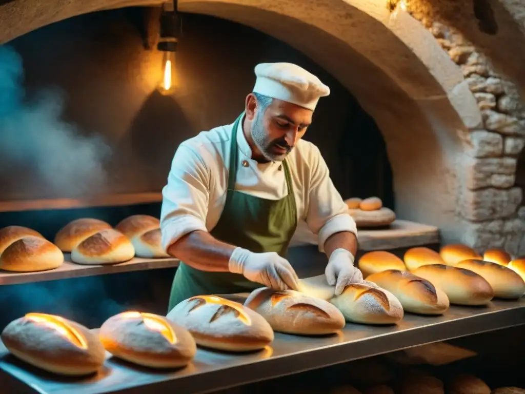 Artesano moldendo y marcando el Pane di Matera antes de hornearlo en horno de leña, resaltando la historia y sabor del Pane di Matera